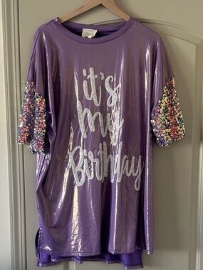 Girls' Purple 'It's My Birthday' Shimmer Tee with Sequin Sleeves